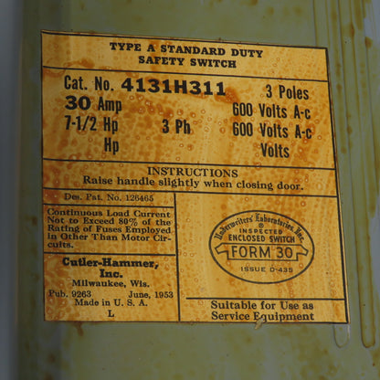 Cutler-Hammer 4131H311 30A Fusible Safety Disconnect Switch 3Ph 600VAC 7-1/2HP