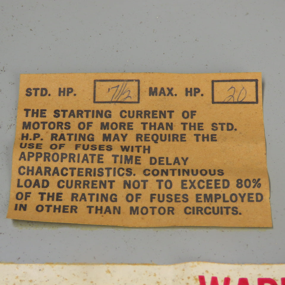 Arrow Hart 20HP Max Fusible Buss Plug Switch STD. 7-1/2HP