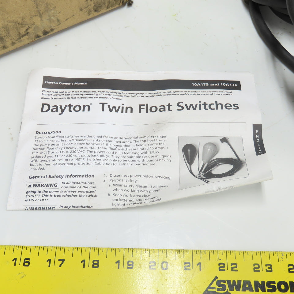 dayton 10A176 Twin Float Switch 230VAC 15A 2HP