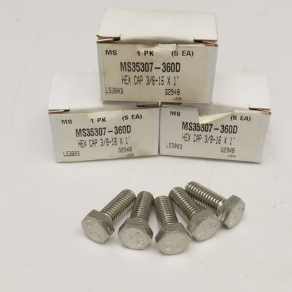 MS35307-360D 3/8-16 x 1" Course Thread Mil. Spec Stainless Steel Hex Bolt Lot/15