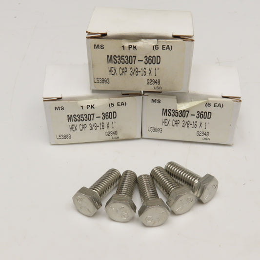 MS35307-360D 3/8-16 x 1" Course Thread Mil. Spec Stainless Steel Hex Bolt Lot/15