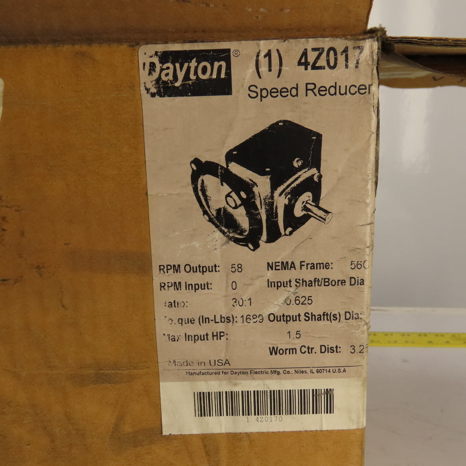 Dayton 4Z017 30:1 Ratio Right Angle Speed Reducer 56C Frame 58RPM Output NEW