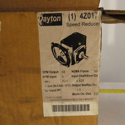 Dayton 4Z017 30:1 Ratio Right Angle Speed Reducer 56C Frame 58RPM Output NEW