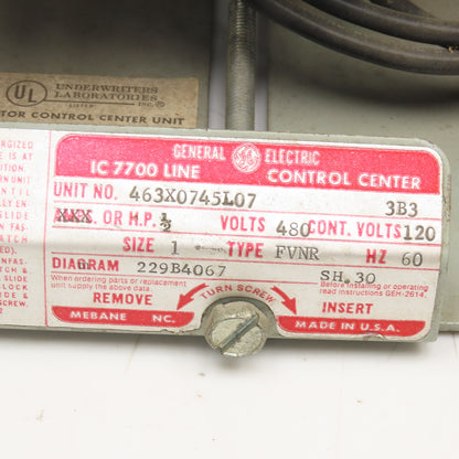 General Electric 463X0745L07 IC 7700 480V Size 1 Type FVNR Line Control Center