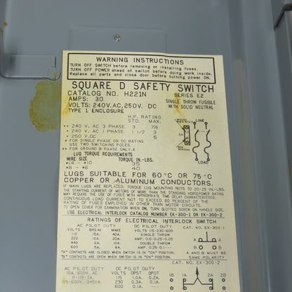 Square D H221N 30A Fusible Heavy Duty Safety Disconnect Switch 240VAC