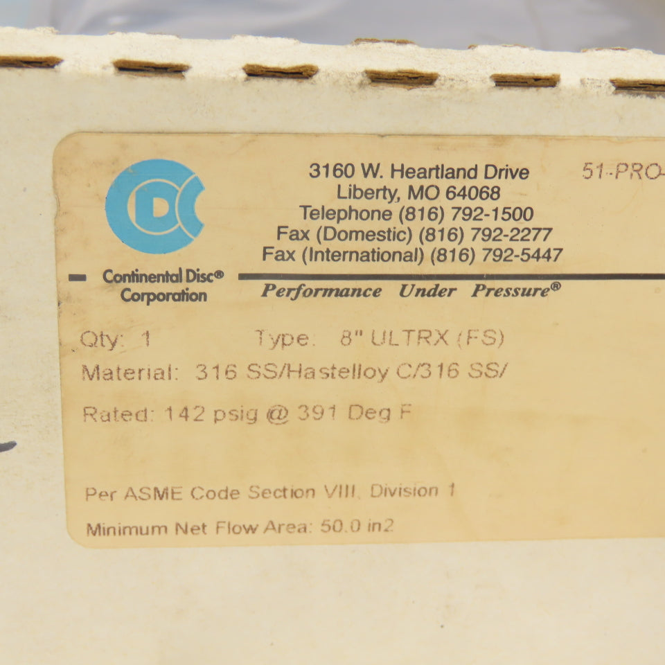 Continental Disk 6" ULTRX(FS) 316SS/Hastelloy C/316 SS Rupture Disk 67.5PSIG