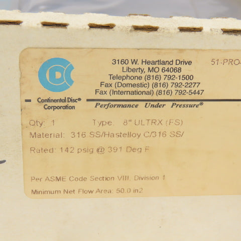 Continental Disk 6" ULTRX(FS) 316SS/Hastelloy C/316 SS Rupture Disk 67.5PSIG