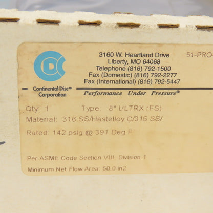Continental Disk 6" ULTRX(FS) 316SS/Hastelloy C/316 SS Rupture Disk 67.5PSIG
