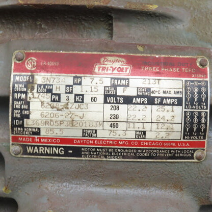 Dayton 3N734 7.5Hp 1745RPM 208-230/460V 3Ph Induction Motor