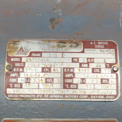 Delco B6751A1A 5Hp 1760/1462 AC 2 Speed Motor 208-220/440V Frame 215