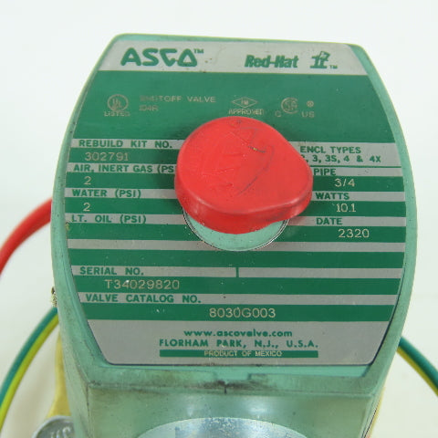 Asco 8030G003 Red Hat Air Water Gas Solenoid Brass Valve 3/4" NPT 2PSI 120V