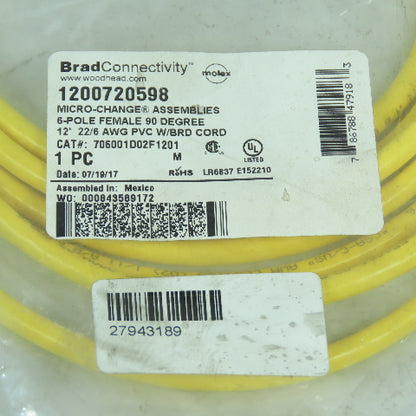 BradConnectivity Woodhead 1200720598 6-Pole Female Pigtail Cordset 90 Deg 12'
