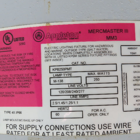 Appleton KPB250PMT Mercmaster III 120-277V 250W Explosion Proof Light Fixture