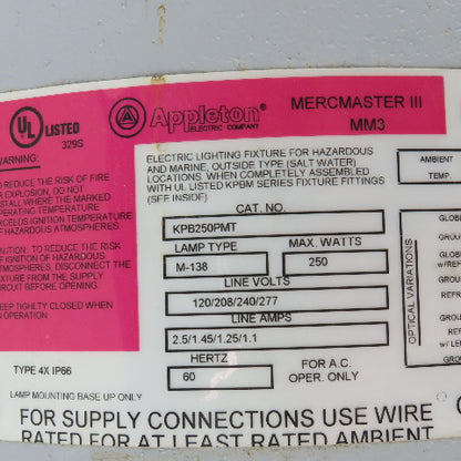 Appleton KPB250PMT Mercmaster III 120-277V 250W Explosion Proof Light Fixture