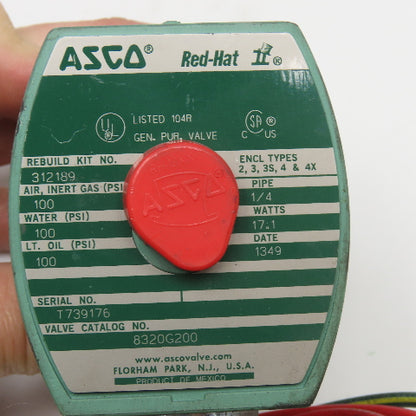 Asco 8210G100 Redhat Solenoid Valve 1/4" NPT 100PSI WOG 110/120V 50/60Hz