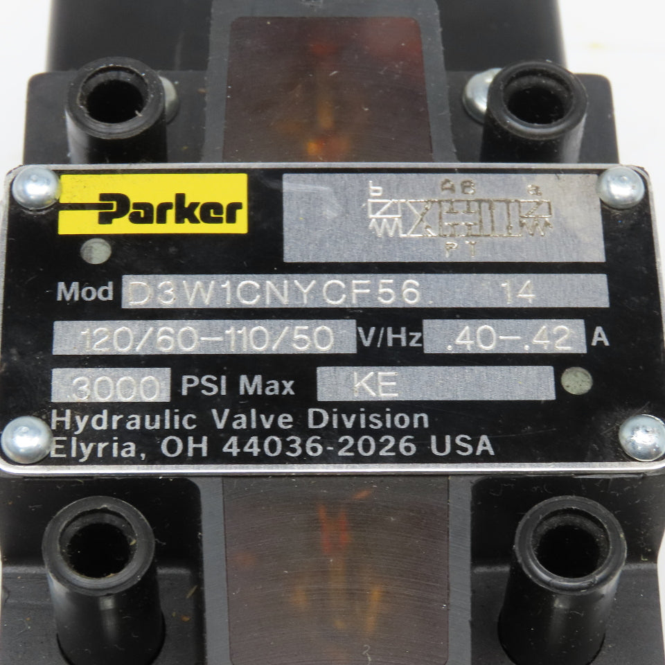 Parker D3W1CNYCF56 5/3 Position Closed Center Hydraulic Valve 110/120V Coil
