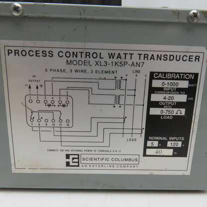 Scientific Columbus XL3-1K5P-AN7 Process Control Watt Transducer 0-1000W 120V