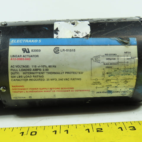 Warner A12-05B5-04D Electrak 5 Linear Actuator Motor 115VAC 2.5FLA 500LB Load