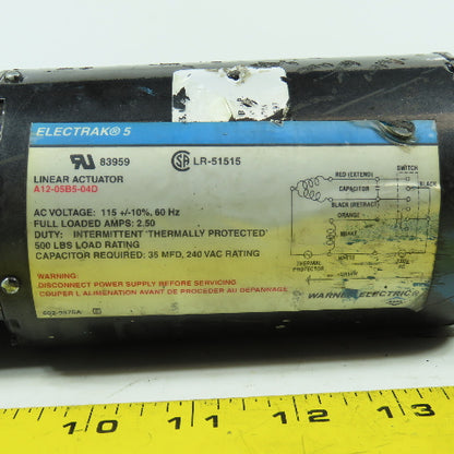 Warner A12-05B5-04D Electrak 5 Linear Actuator Motor 115VAC 2.5FLA 500LB Load