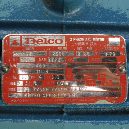 Delco 3G3454 7.5HP AC Electric Motor 1170RPM 460V 3PH 256U Frame