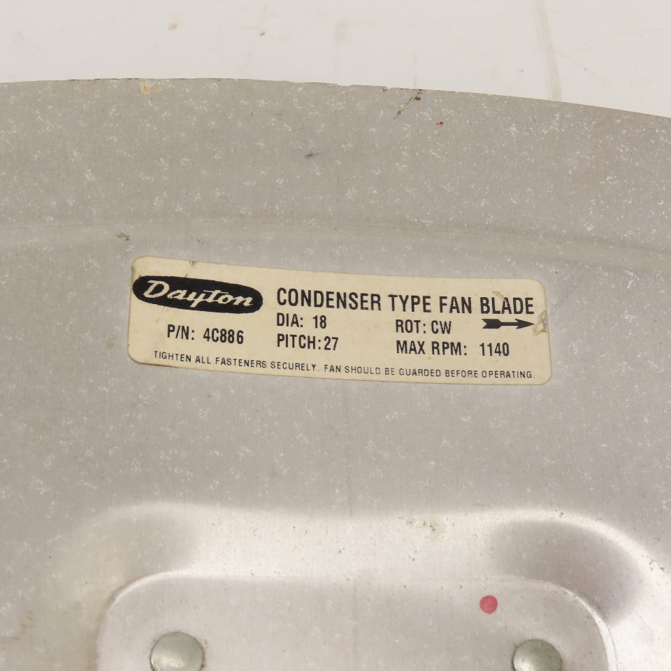 Dayton 4C886 18" 4-Blade Condenser Fan 27 Pitch 1140RPM Max 1" Hex