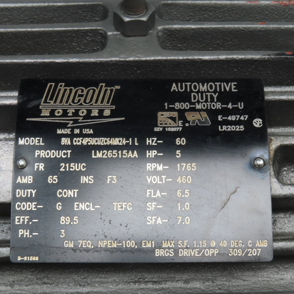 Lincoln LM26515AA 5Hp 1765RPM 460V 3Ph AC Brake Motor 215UC Frame