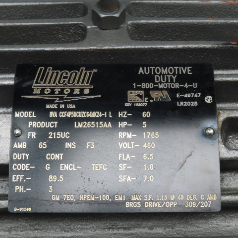 Lincoln LM26515AA 5Hp 1765RPM 460V 3Ph AC Brake Motor 215UC Frame