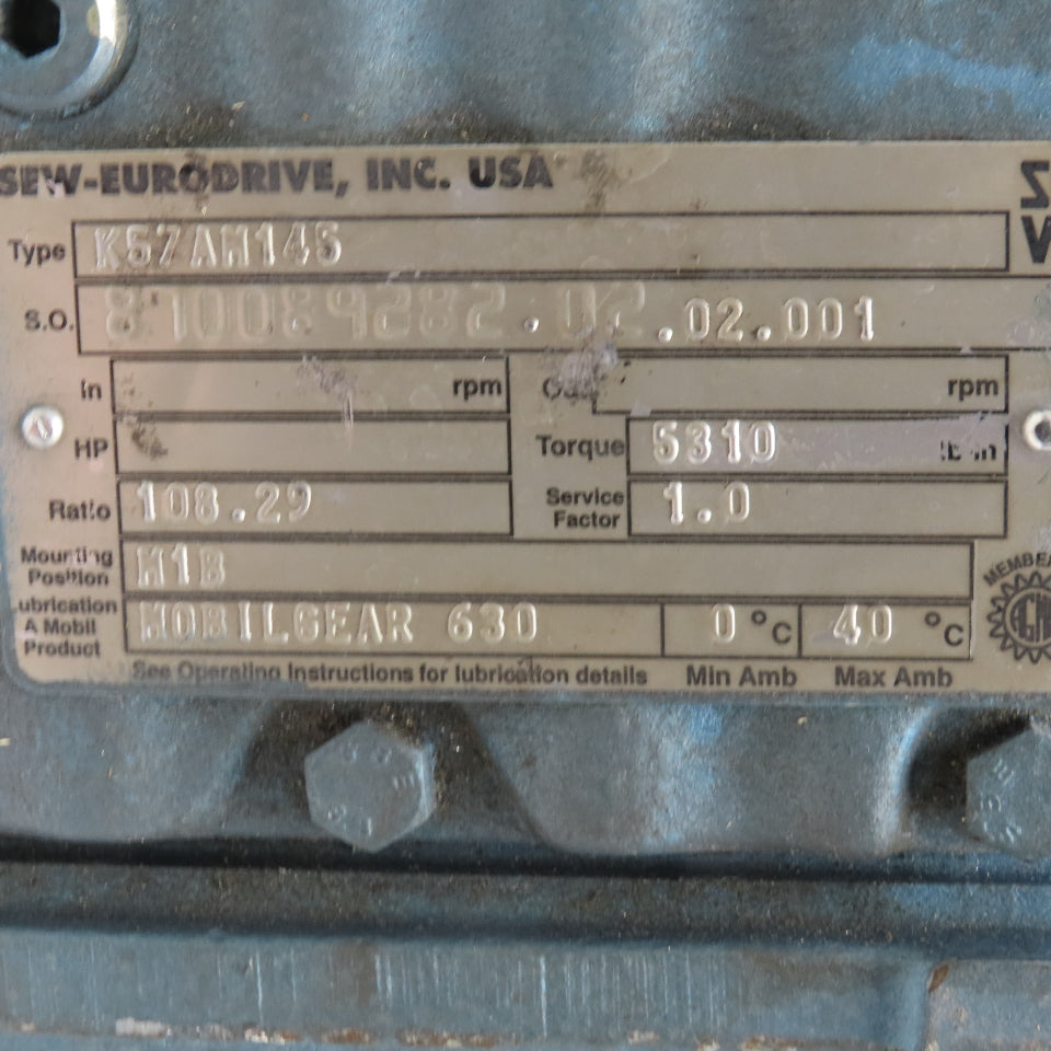 Sew Eurodrive K57AM145 108.21:1 Ratio Right Angle Gear Reducer 5310 Lbs./In