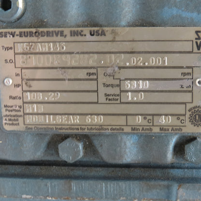 Sew Eurodrive K57AM145 108.21:1 Ratio Right Angle Gear Reducer 5310 Lbs./In