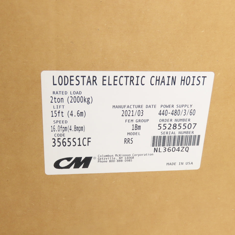 CM Lodestar Model RRS 2-Ton 4000LBS Electric Chain Hoist 15' Lift 16FPM 480V NEW