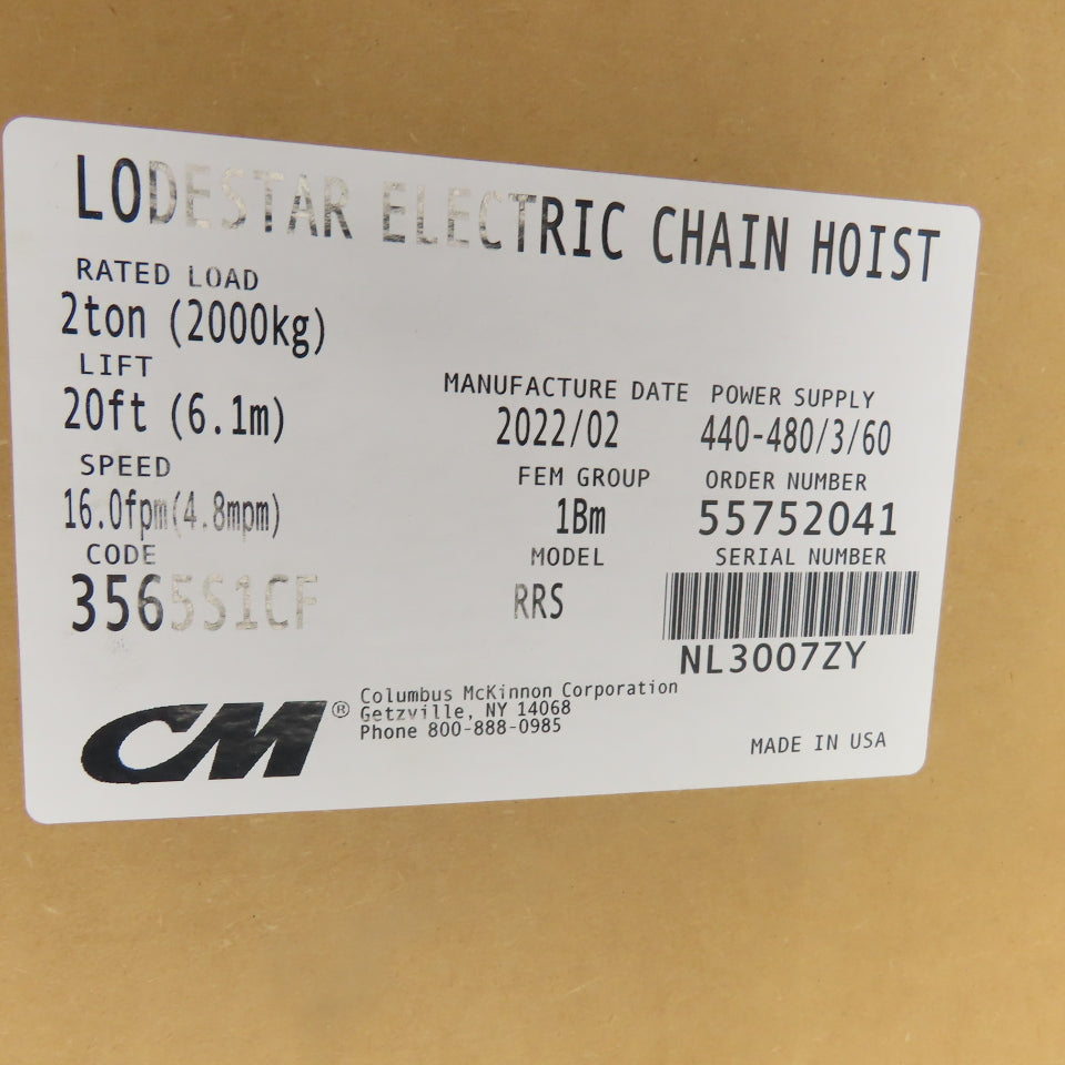 CM Lodestar Model RRS 2-Ton 4000LBS Electric Chain Hoist 20' Lift 16FPM 480V NEW