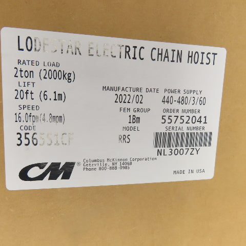CM Lodestar Model RRS 2-Ton 4000LBS Electric Chain Hoist 20' Lift 16FPM 480V NEW