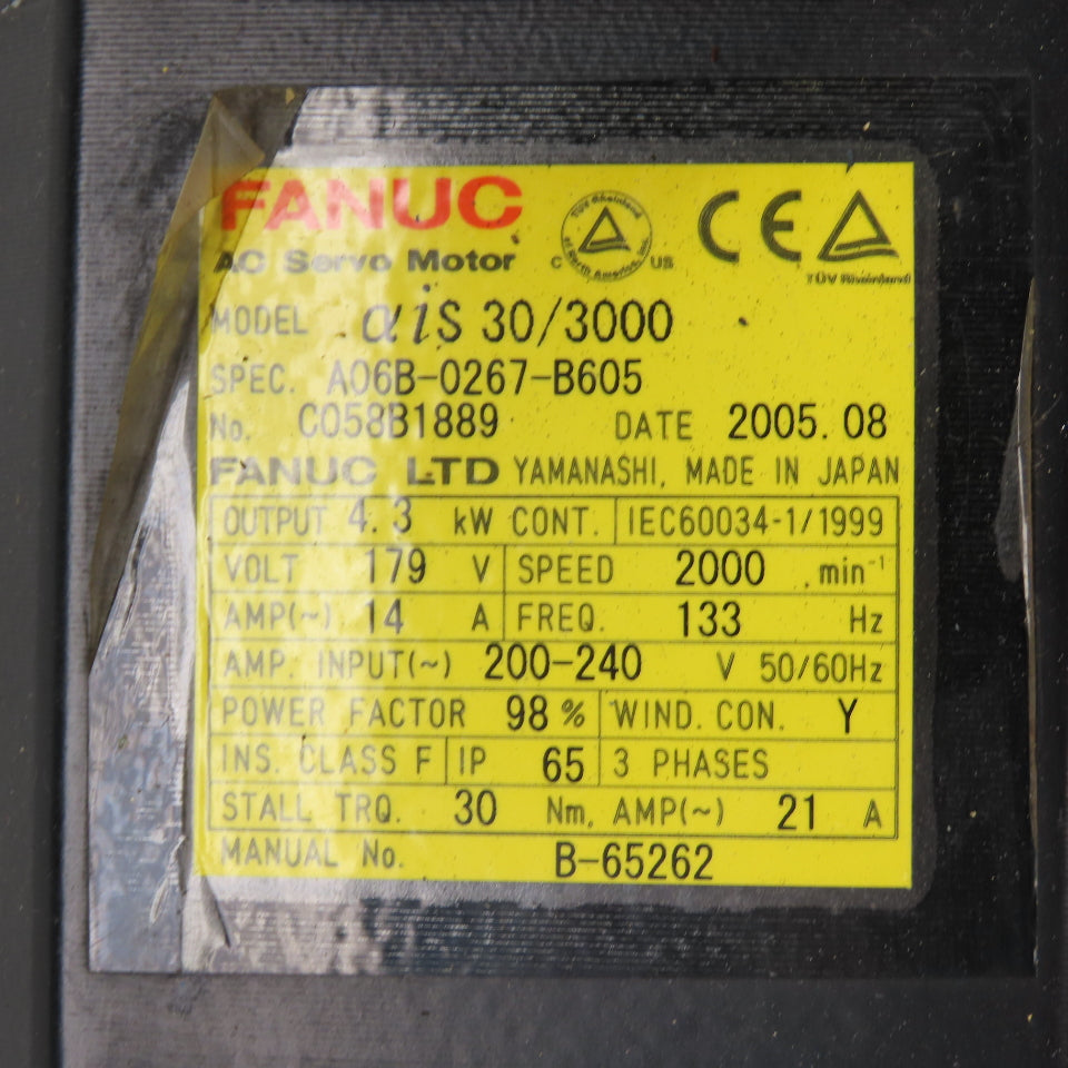 Fanuc A06B-0267-B605 a is 30/3000 4.3kW AC Servo Motor 2000RPM 179V W/ Encoder