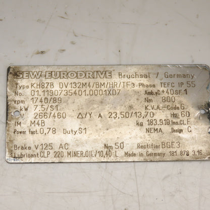 SEW Eurodrive KH87B DV132M4/BM/HR/TF 19.55 Ratio Helical Bevel Gear Box 89RPM