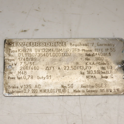 SEW Eurodrive KH87B DV132M4/BM/HR/TF 19.55 Ratio Helical Bevel Gear Box 89RPM