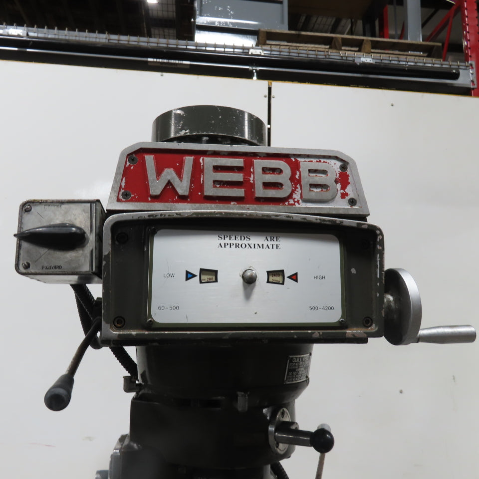 Webb 3VK 3Hp 10" x 50" Manual Feed 230V 3Ph Vertical Knee Mill Milling Machine