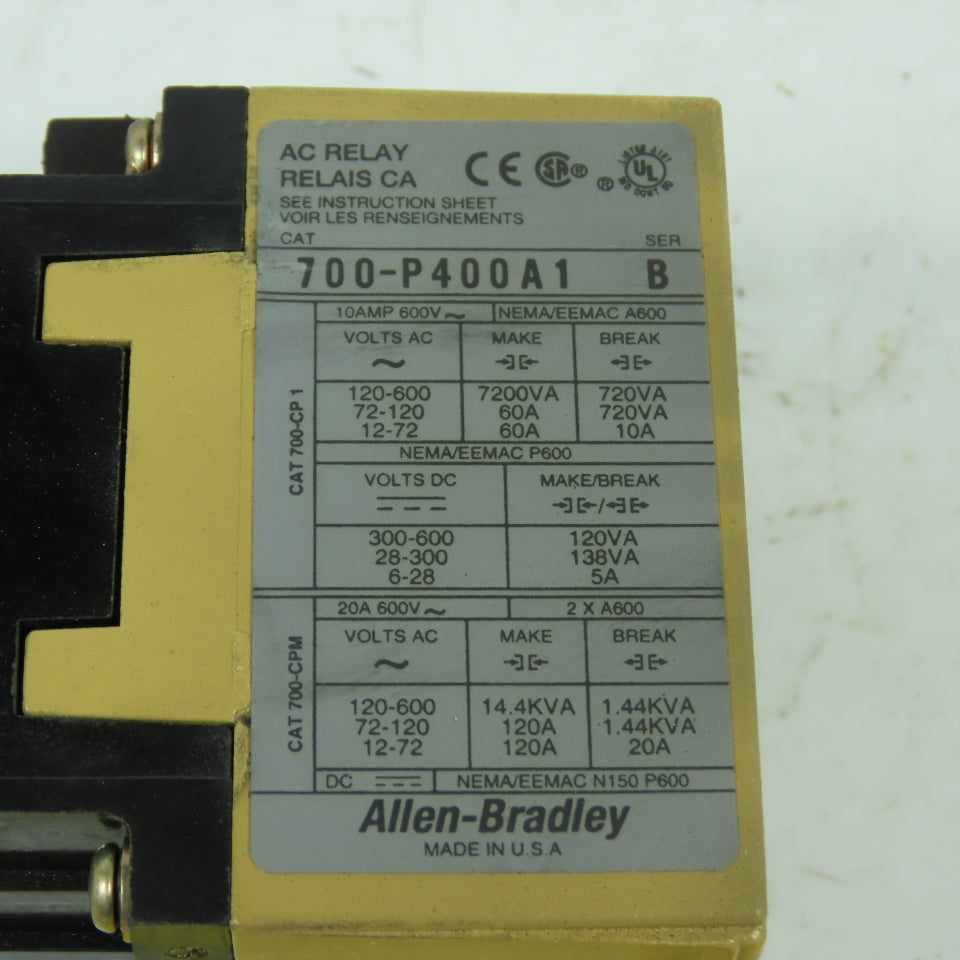 Allen Bradley 700-P400A1 Convertible Contact AC Control Relay 120V Coil