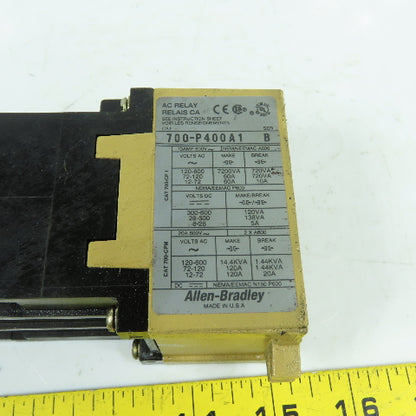 Allen Bradley 700-P400A1 700-PB40 600V AC Relay W/ Direct Drive Relay 120V Coil