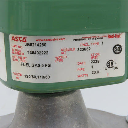 ASCO Red Hat JB8214250 Solenoid Valve 120V NC Fuel Gas 5PSI 1" NPT Or Flange