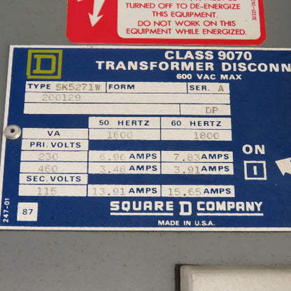Square D SK5271W Class 9070 1800VA Transformer Disconnect Pri 230/460 Sec 115V