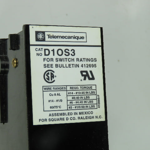 Telemecanique D10S3 3-Pole Disconnect Switch 600VAC 100A 75HP