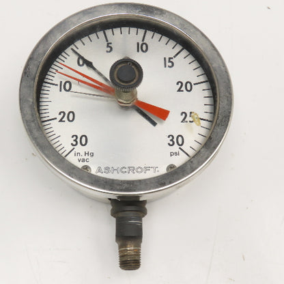 Ashcroft Q-8452 0-30 inHg Vac 0-30PSI Dual Pressure Gauge W/ Max Indicator