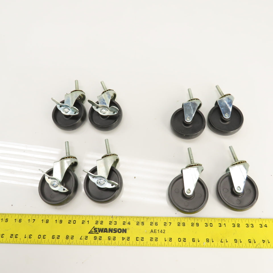 Light Duty 5/16-18 Stud Mount 3" x 3/4" Swivel Casters W/ 4 Brakes Set Of 8