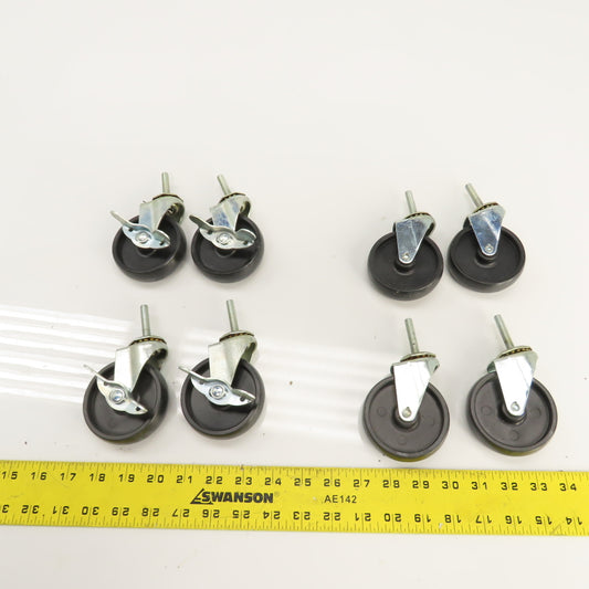 Light Duty 5/16-18 Stud Mount 3" x 3/4" Swivel Casters W/ 4 Brakes Set Of 8
