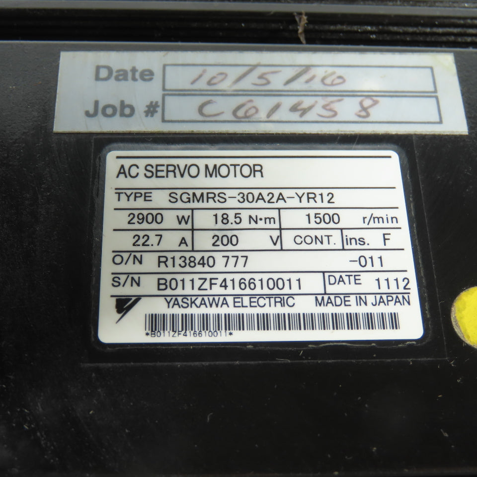 Yaskawa SGMRS-30A2A-YR12 18.5NM AC Servo Motor 2900W 200V 1500RPM