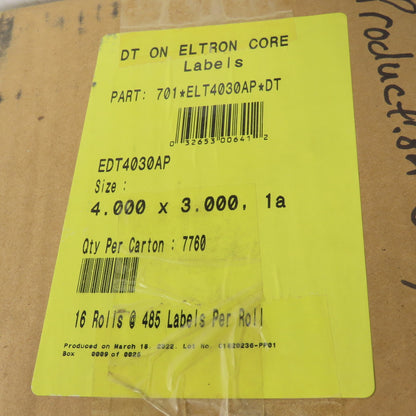 701*ELT4030AP*DT 4" X 3" Thermal Print Labels 16 Rolls At 485Labels Per Roll