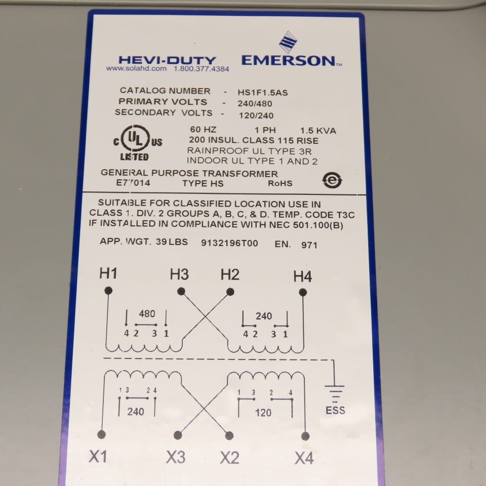 Hevi-Duty HS1F1.5AS 1.5kVA Single Phase GP Transformer Pri 240/480 Sec 120/240V