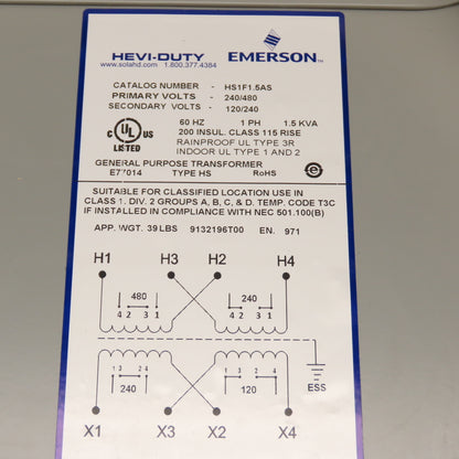 Hevi-Duty HS1F1.5AS 1.5kVA Single Phase GP Transformer Pri 240/480 Sec 120/240V