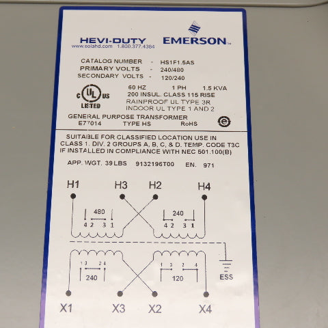 Hevi-Duty HS1F1.5AS 1.5kVA Single Phase GP Transformer Pri 240/480 Sec 120/240V