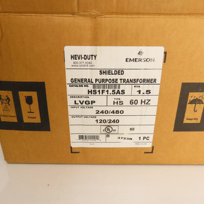 Hevi-Duty HS1F1.5AS 1.5kVA Single Phase GP Transformer Pri 240/480 Sec 120/240V